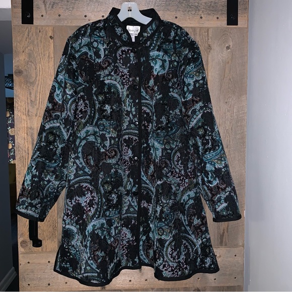 Women’s 2X COLDWATER CREEK Black Reversible Grapes Vines to Paisley Button Coat - Picture 4 of 16